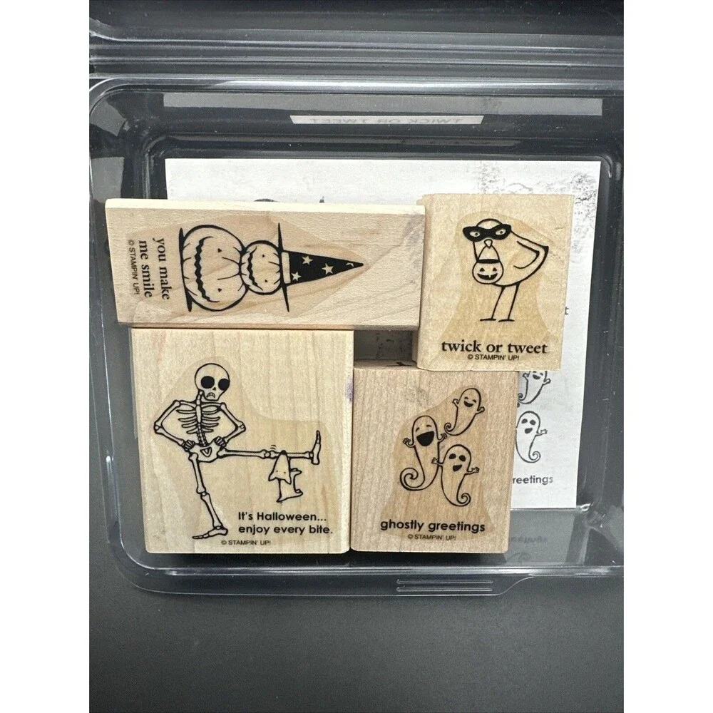 Stampin Up Twick Or Tweet Set Of  4 Wood Stamps skeleton ghosts pumpkin bird